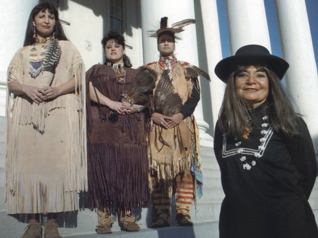 Members of the Virginia Council on Indians on the state capitol steps, 1997 (from left to right: Reeva Tilley, Mary Wade, Troy Adkins, and Thomasina E. Jordan). Photo: Richmond Times Dispatch.