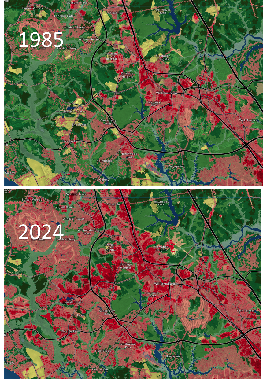 Changes in land cover surrounding William & Mary, from 1985 to 2025. Red colors indicate developed lands and green are forested. Source Annual NLCD Land Cover Data – USGS U.S. Geological Survey (USGS), 2024, Annual NLCD Collection 1 Science Products: U.S. Geological Survey data release, and Annual NLCD Land Cover Image Service - Esri