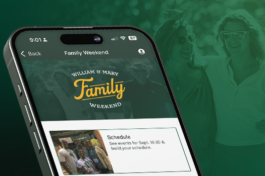 A phone with the Family Weekend app module displayed