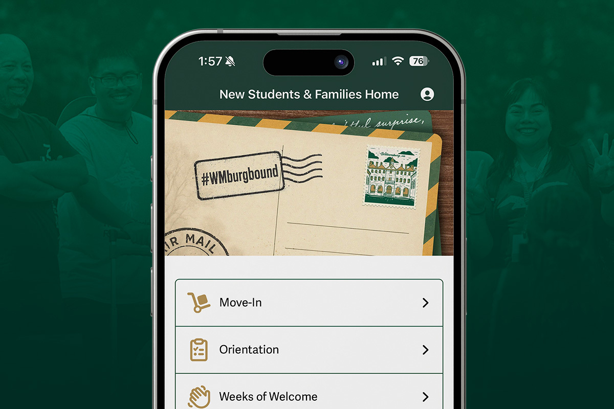 New Students & Families experience open on a phone in the W&M Mobile app