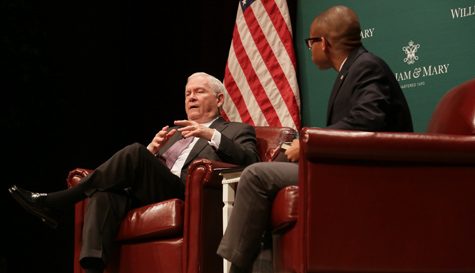 Gates discusses his book with Student Assembly President Yohance Whitaker '16 during a Q&A event in February 2016. (Photo by Stephen Salpulas)