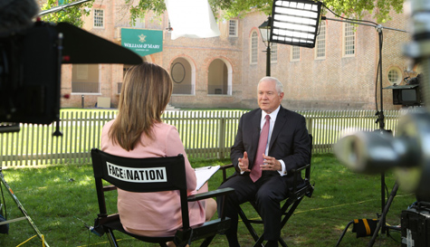 Gates is interviewed by "Face the Nation: during Commencement weekend in 2018. (Photo by Stephen Salpukas)