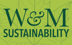 A logo that says W&amp;M Sustainability and has a leaf in the background