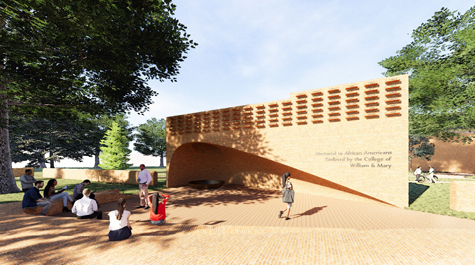 An artists rendering of the memorial concept which includes a brick, hearth-like structure