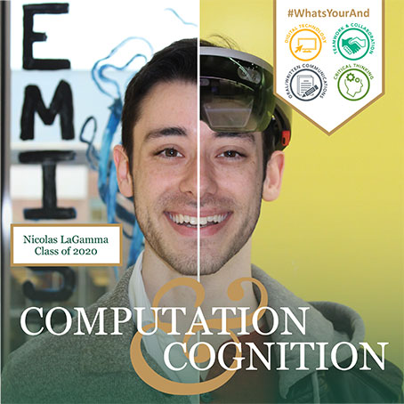 A student with the word pairing "Computation & Cognition" overlaid. 