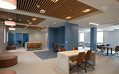 A large study room with seating areas, desks, chairs, collaboration tables and private group study area with a modern décor