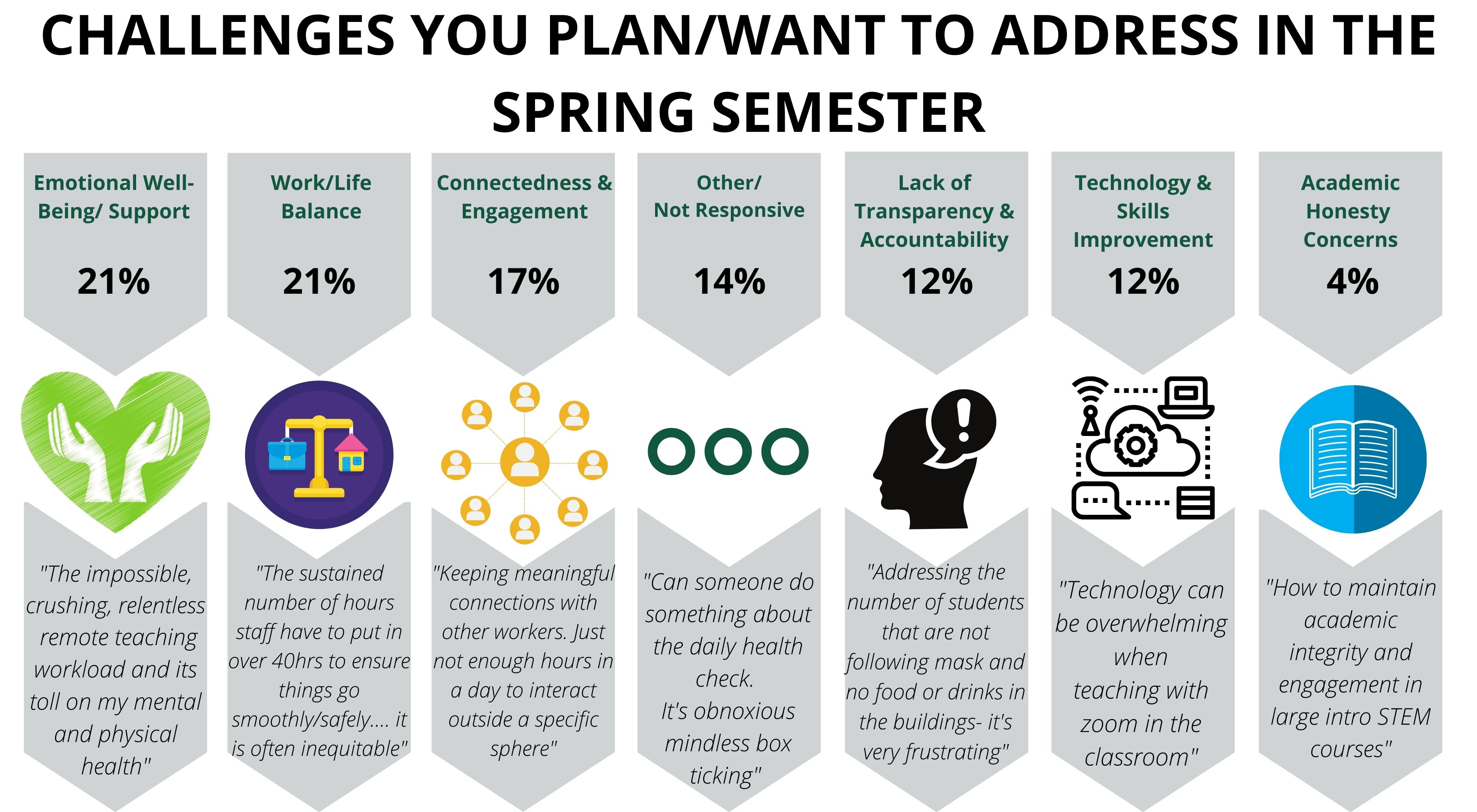 Spring 2021 challenges, Emotional Wellbeing or Support 21%, Work-Life Balance 21%, Connectedness and Engagement 17%, Other 14%, Lack of Transparency or Accountability 12%, Technology and Skills Improvement 12%, Academic Honesty Concerns 4%