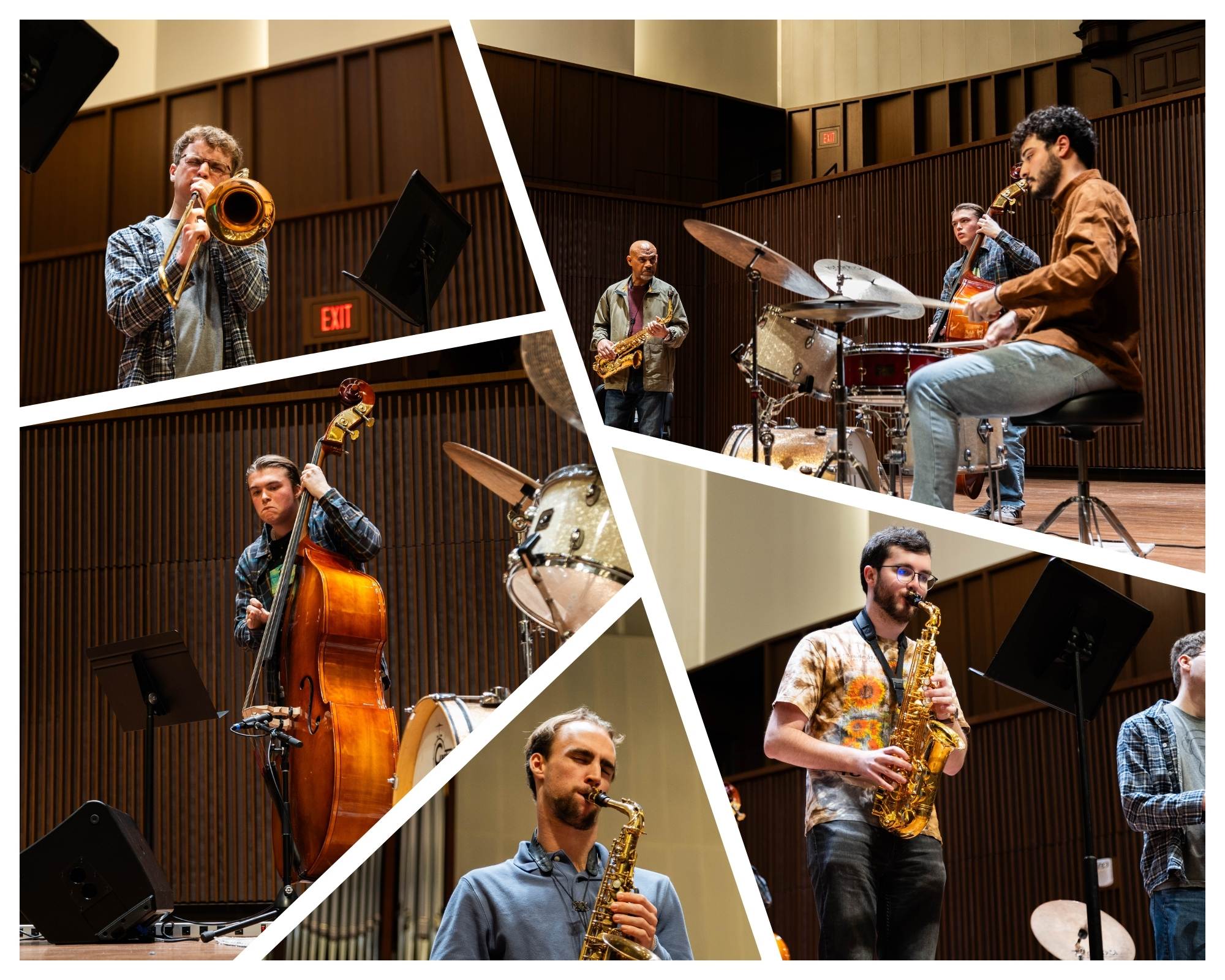 (clockwise, from upper right:) Saxophonist Steve Wilson joins students Jaden Shahin (drums), Zachariah Morris (alto sax), Owen Tucker (alto sax), Rourke Coffin (bass), and Alexander Wiggins (trombone) in the Jan. 25 jazz masterclass in the Music Arts Center Concert Hall. (Photos by Tess Willett)