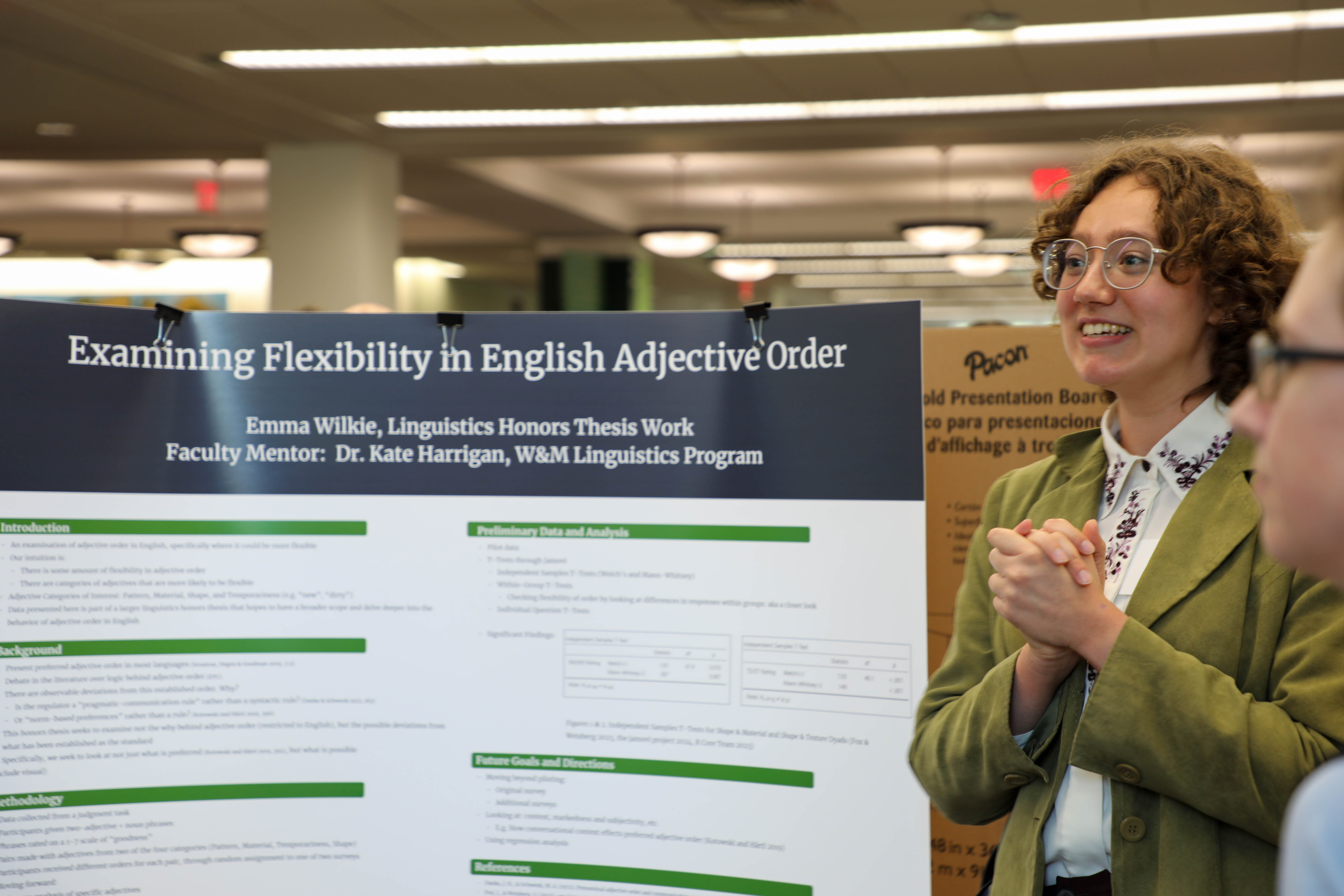 Emma Wilkie '25, a linguistics and psychological sciences double major, presented her honors thesis research at the Charles Center's annual Fall Undergraduate Research Symposium held last month in Swem Library. (Photo by Emmanuel Sampson)