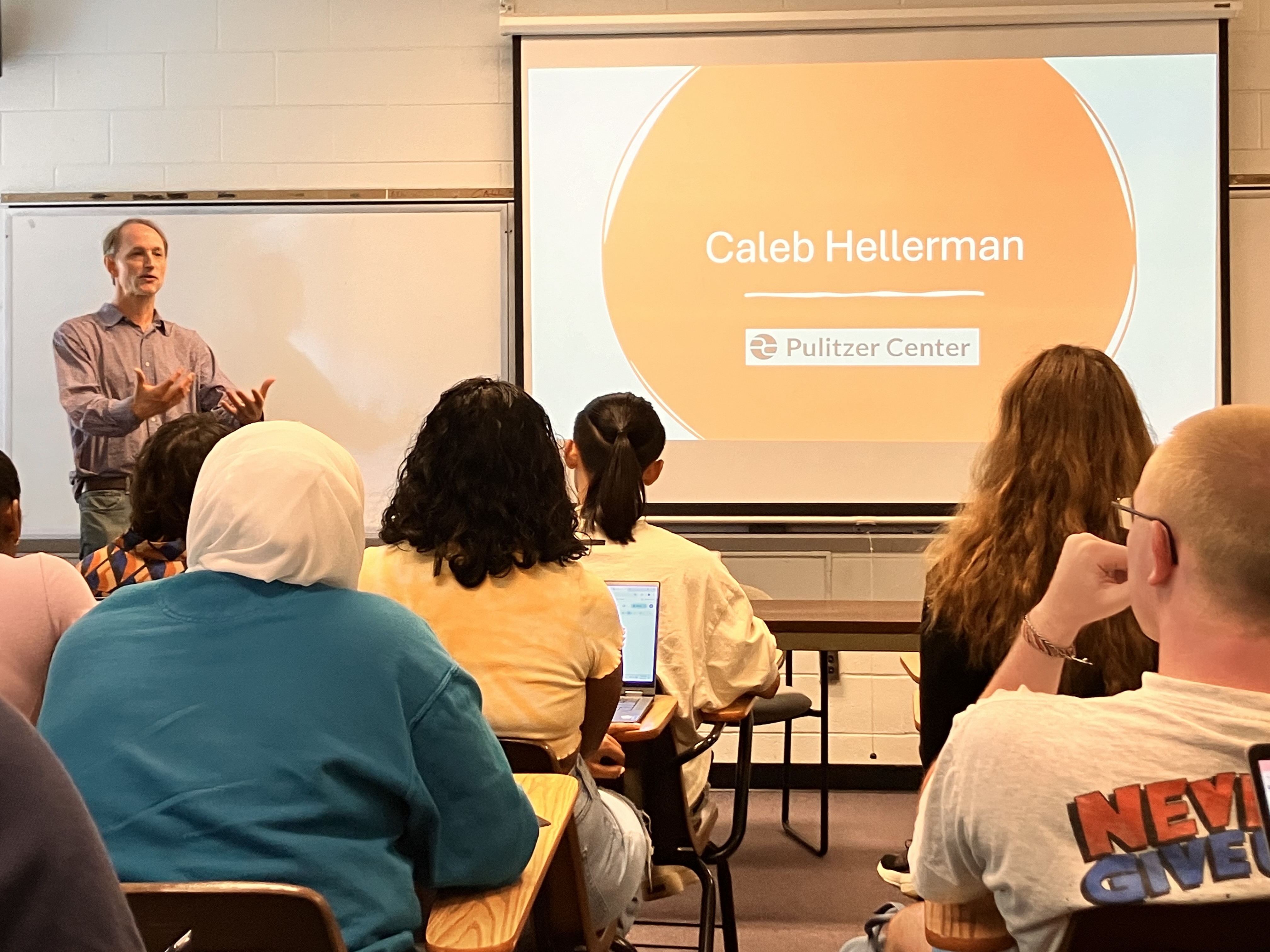 Hellerman fielded questions from students in Assistant Professor Reya Farber's Politics of Global Health Class Sept. 9. (Photo by Ted Maris-Wolf)