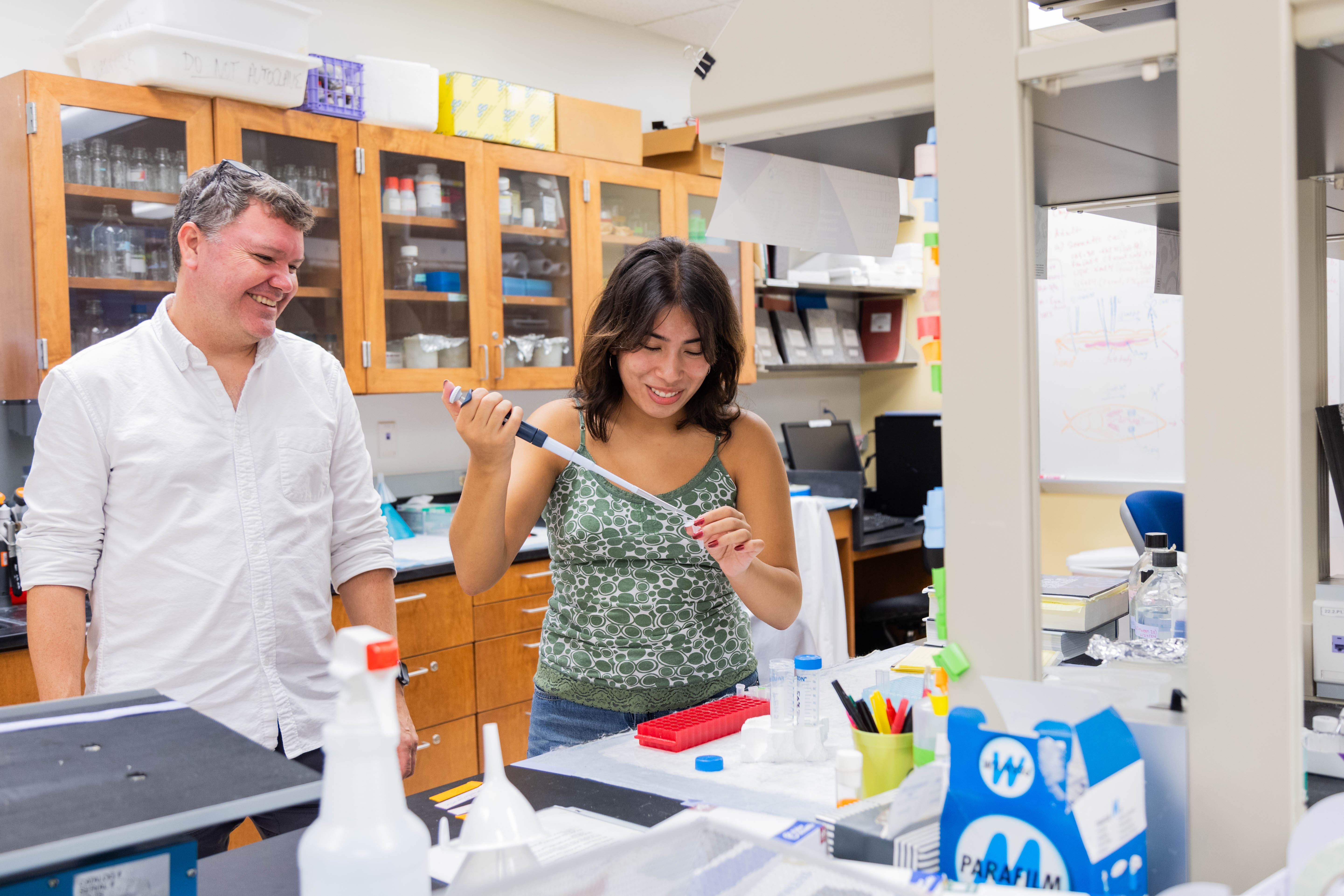 Junior Melanie Jimenez spent last summer alongside Associate Professor of Biology Matt Wawersik, investigating the maturation cycle of fruit flies. (Photo by Tess Willett)