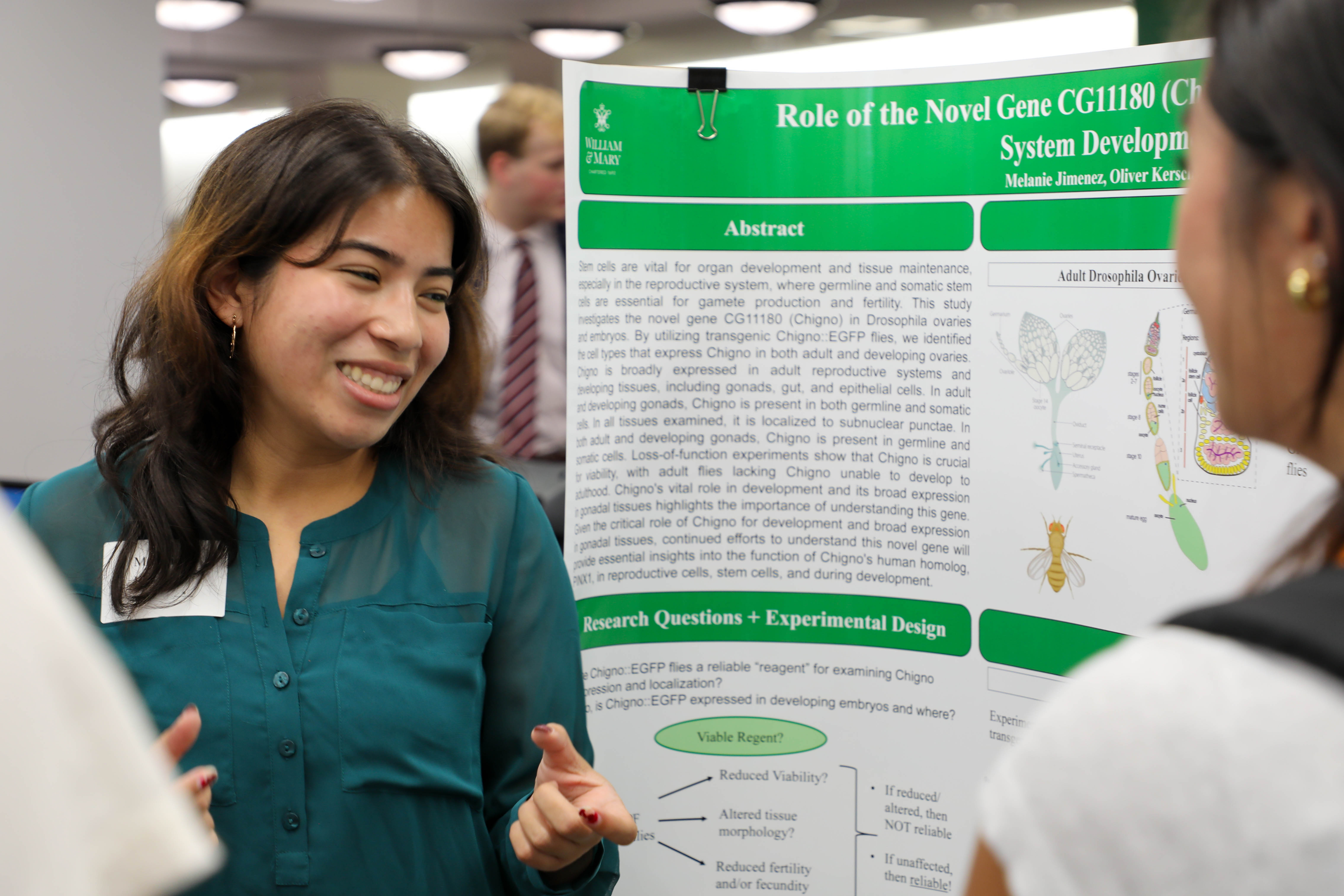 Melanie Jimenez '26 (left) presented her summer research at the Charles Center's Fall Undergraduate Research Symposium Sept. 20 in Swem Library. (Photo by Emmanuel Sampson)