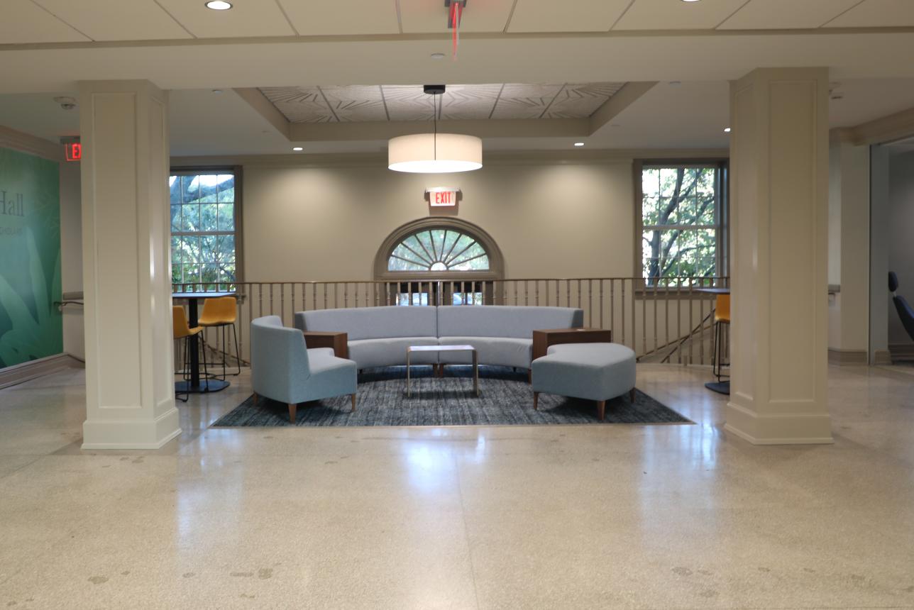 The renovation of Monroe Hall included the addition of student common spaces for studying and socializing. (Photo by Ted Maris-Wolf)