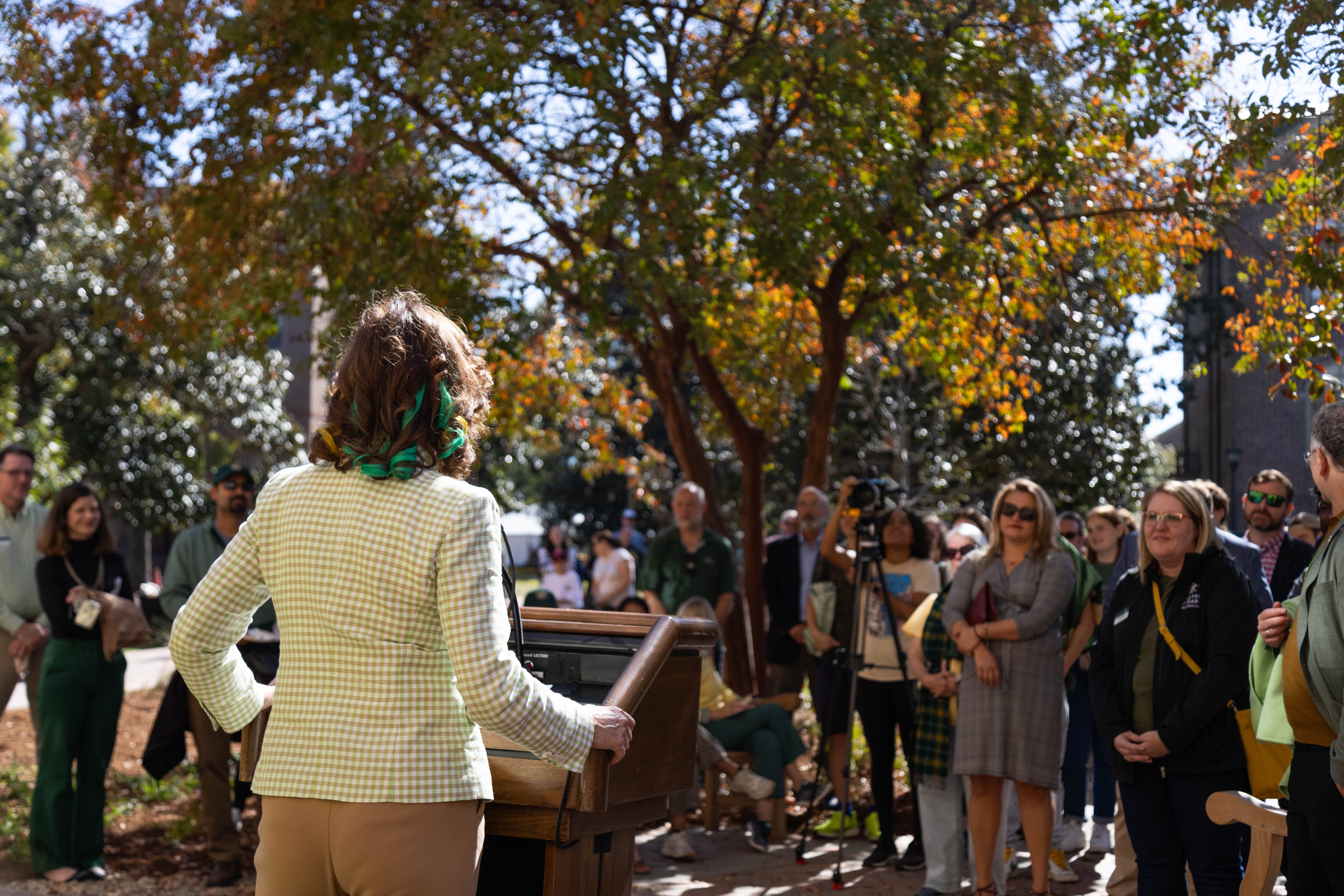 In her remarks, President Katherine Rowe explained that the Monroe Hall renovations are the first stage in a much larger plan to improve facilities and learning spaces across William & Mary's campus. (Photo by Tess Willett)