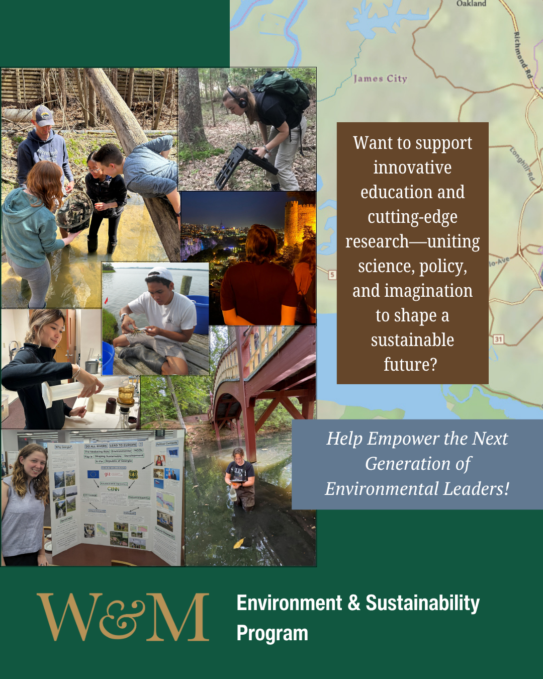 Collage of ENSP students at work with a GIS map of Williamsburg in the background and a call for donations to ENSP.