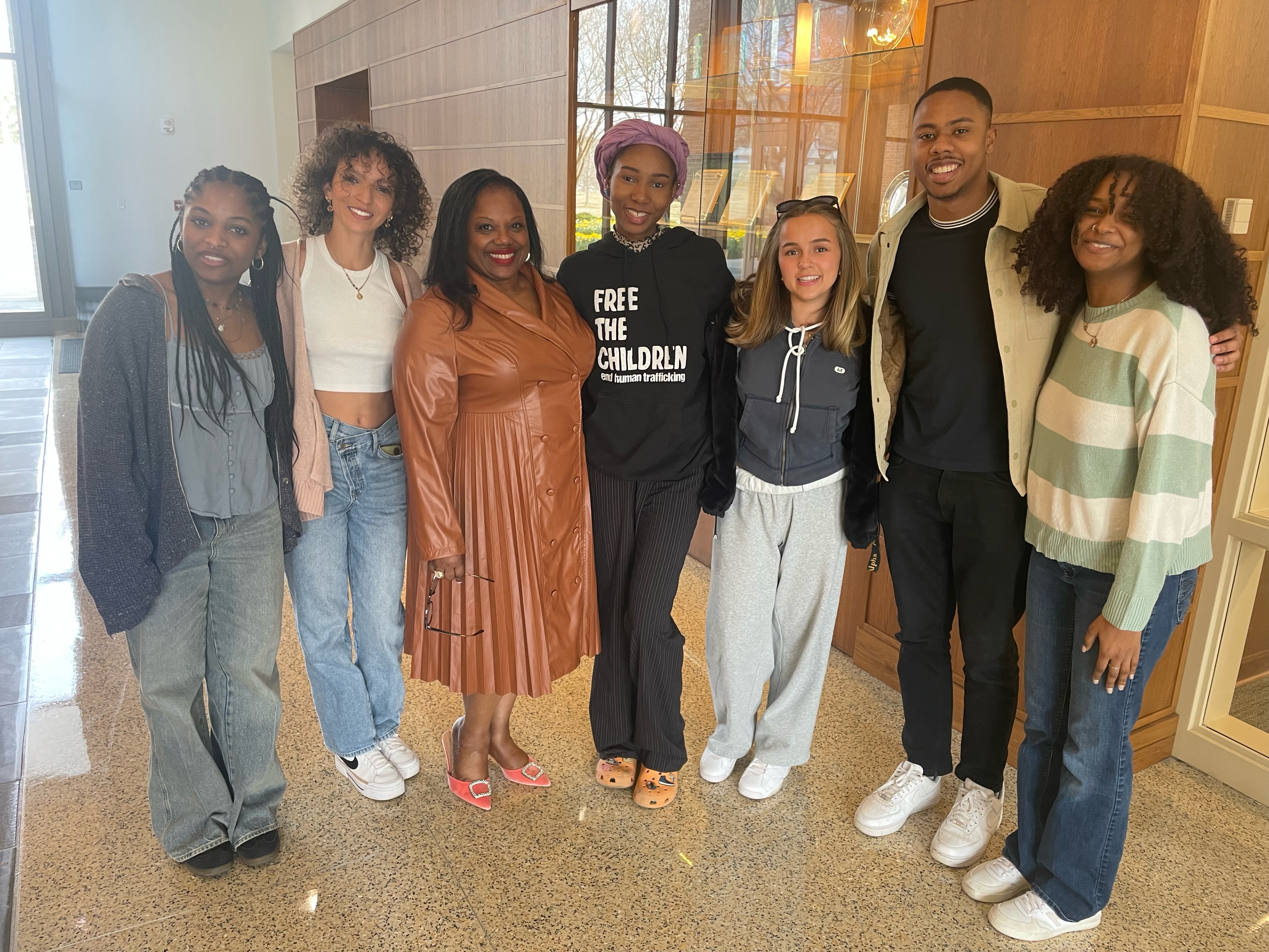 Left to right: Camille Batts ’26, Annaliese Santana ’24, Jacqueline Williams, Breyonna Rock ’24, Isobel Laux ’24, Matt Nwaneri ’23 MPP ’24 and Sumayyah Yasin ’25