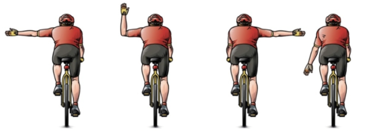 Bike Safety Signals - four figures demonstrating left turn, right turn, alternate right turn, and stopping.