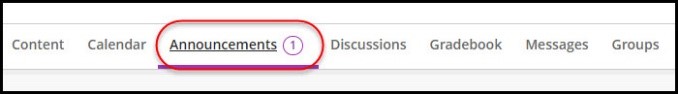 Screenshot highlighting location of blackboard ultra's announcements tab