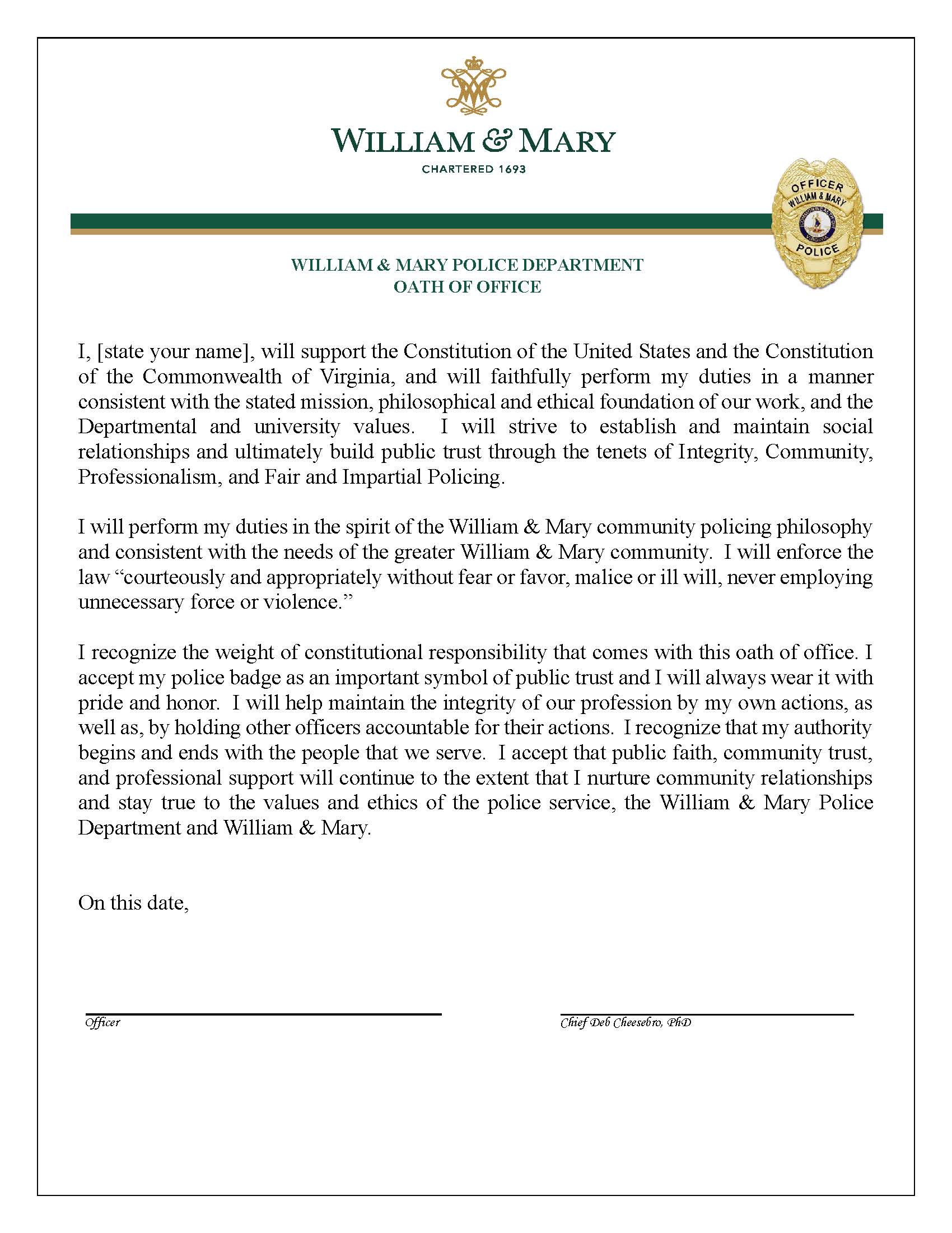 Mission Statement Oath of Office William Mary