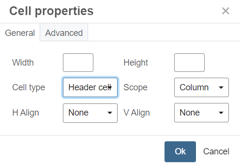 Cell properties dialog box