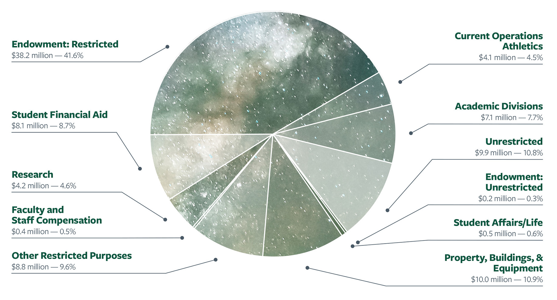 Gifts by purpose pie chart: Endowment: Restricted $38.2 million — 46.1%; Current Operations: Athletics $4.1 million — 4.5%; Academic Divisions $7.1 million — 7.7%; Unrestricted $9.9 million — 10.8%; Property, Buildings &  Equipment $10.0 million — 10.9%; Other Restricted Purposes $8.8 million — 9.6%; Faculty & Staff Compensation $0.4 million — 0.5%; Research $4.2 million — 4.6%; Student Financial Aid $8.1 million — 8.7%; Endowment: Unrestricted $0.2 million — 0.3%; Other Restricted Purposes $8.8 million — 9.6%; Student Affairs/Life $0.5 million — 0.6%