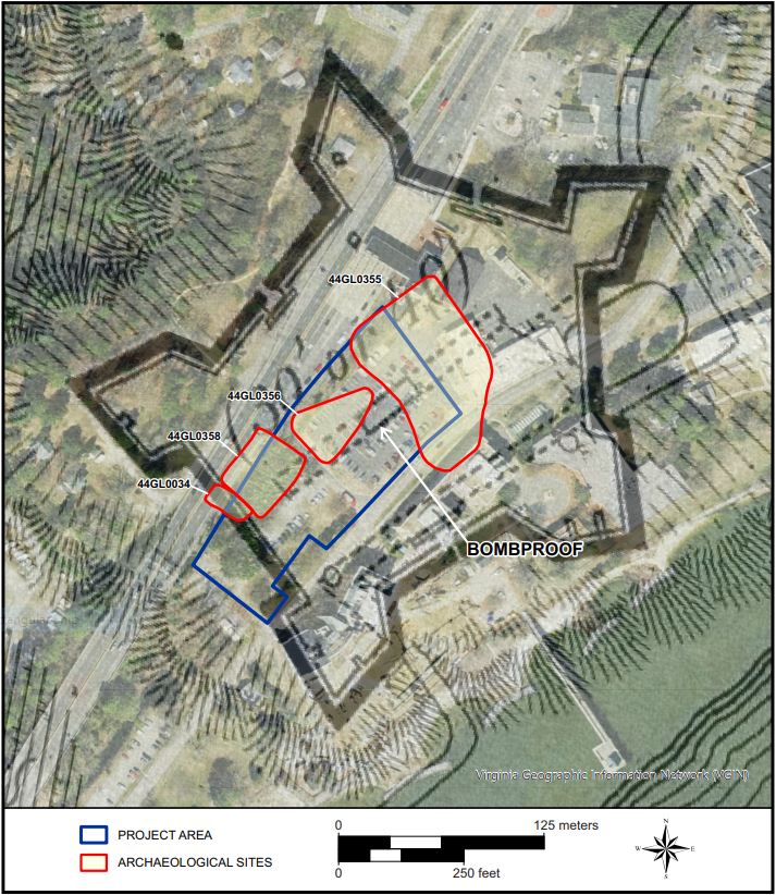 Four archaeological sites outlined in red, the proposed CBH Replacement Project outlined in blue, and georeferenced overlay of the Civil War fort at Gloucester Point, Virginia.