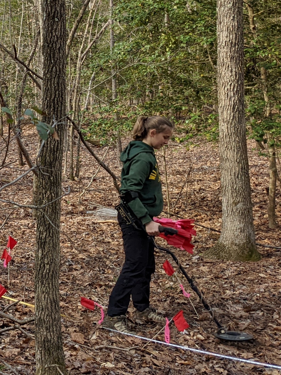 A student employee wearing a W&amp;M sweatshirt uses a metal detector at the Oak Grove archaeological site.