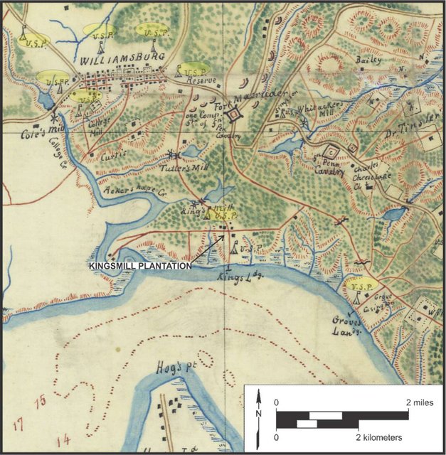 Worrett's map from 1862, with Kingsmill Plantation marked.