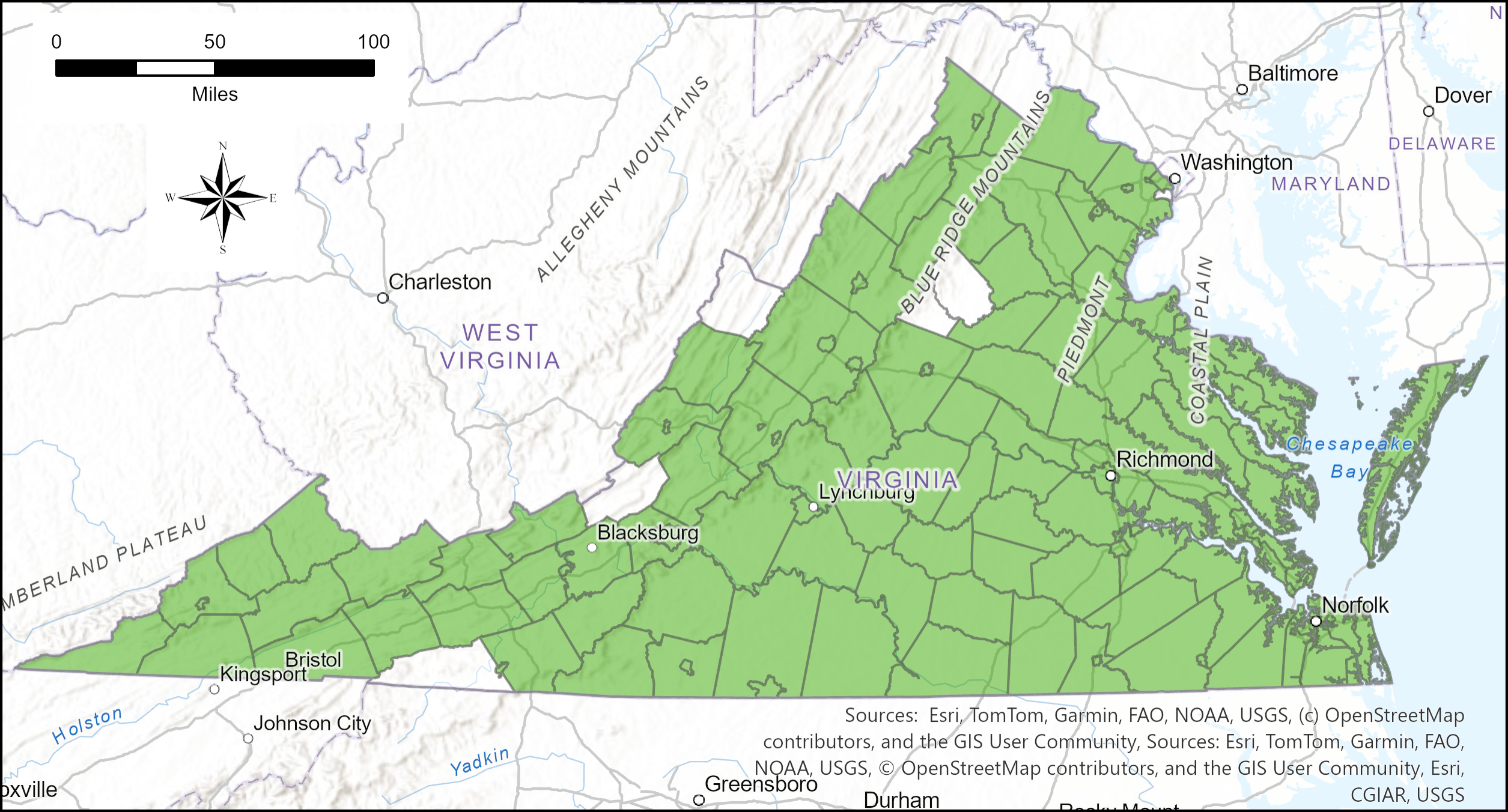 A map of Virginia where most of the land, except five counties and one city, is shaded in green, illustrating the many localities in which the Center has completed sponsored research or contracts. Not pictured are several counties in Maryland, North Carolina, Pennsylvania, New York, and Kentucky, where the Center has also worked.