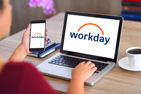 A computer and phone with the workday logo on each screen.